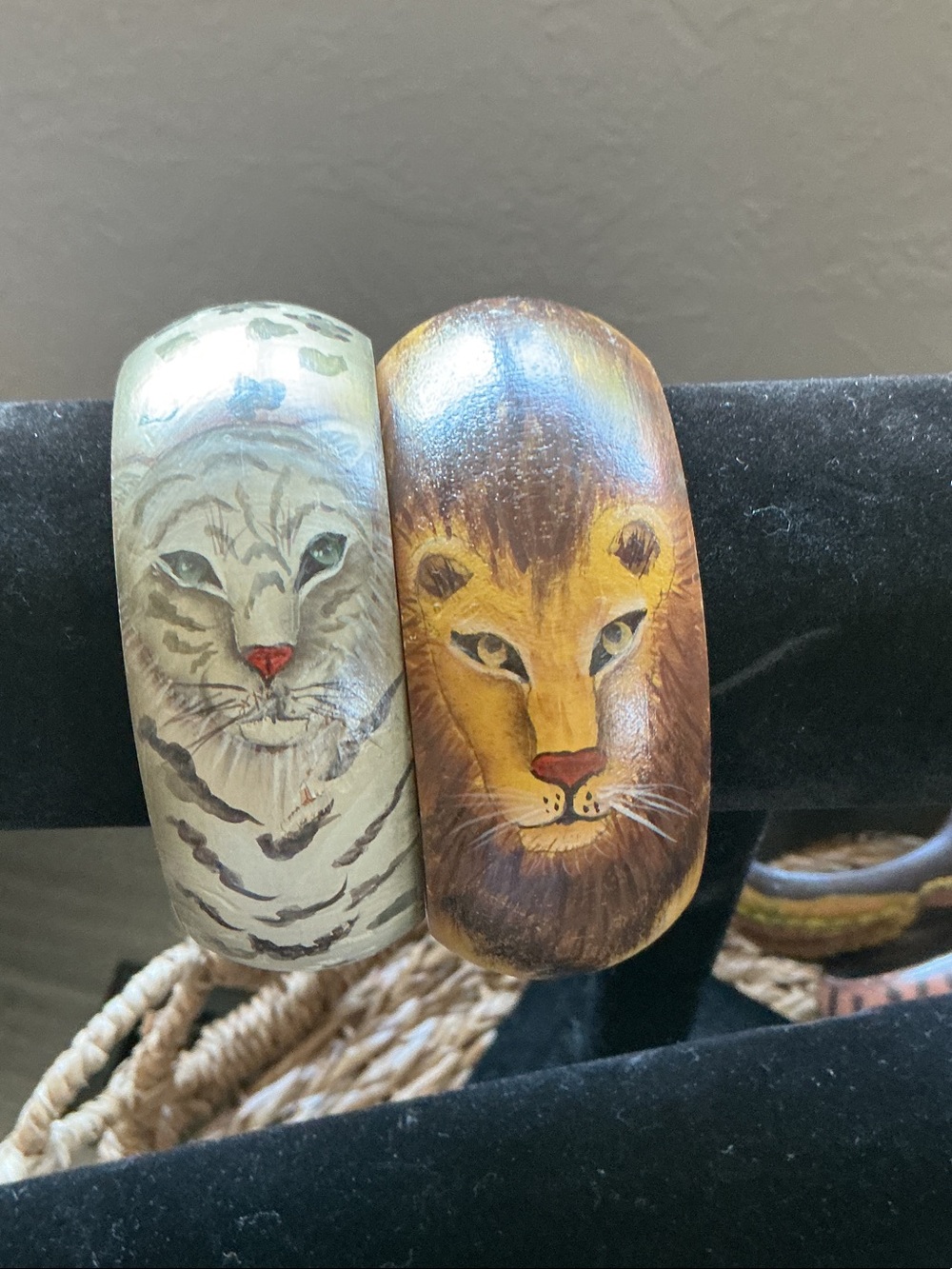 Hand-Painted Lion and Tiger Wooden Cuff Bracelets - Brown and Cream